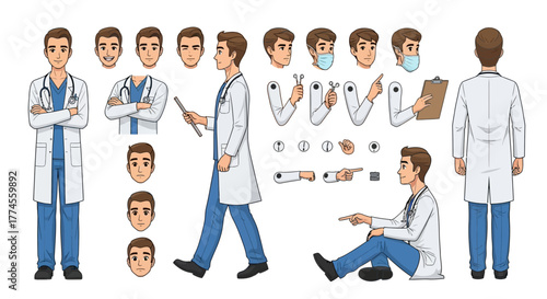 Doctor character design with various poses and facial expressions for animation purpose