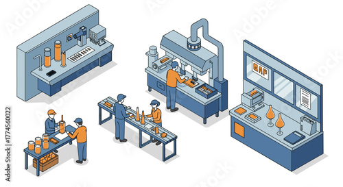 Modern isometric beverage production facility with workers and equipment