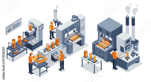 Isometric factory machinery with workers in modern industrial setting