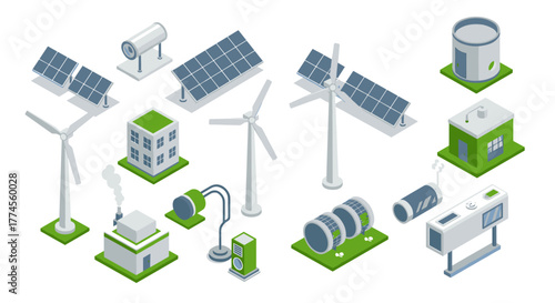 Isometric renewable energy icons featuring solar panels and wind turbines