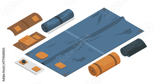 Isometric camping mat and gear collection on white background