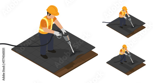 Construction worker using jackhammer on paving tiles in isometric style