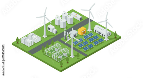 Sustainable energy park with wind turbines and solar panels in isometric style