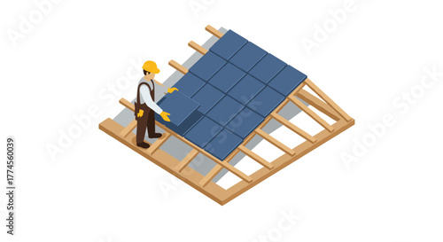 Isometric construction worker installing roof tiles on wooden frame