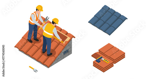 Isometric construction workers installing roof tiles with tools