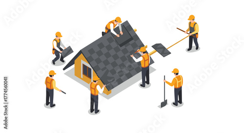 Isometric construction workers repairing roof with tools and hard hats