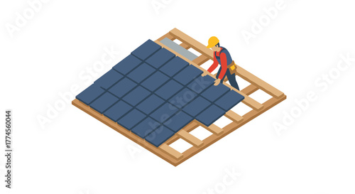 Isometric worker installing solar panels on roof for renewable energy