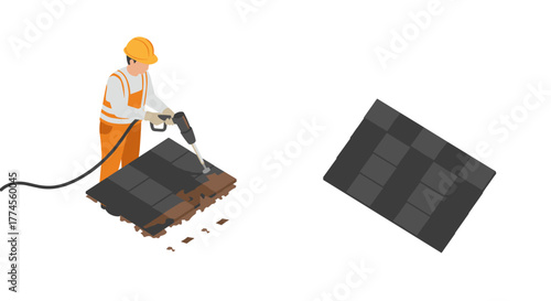 Isometric construction worker operating jackhammer on pavement