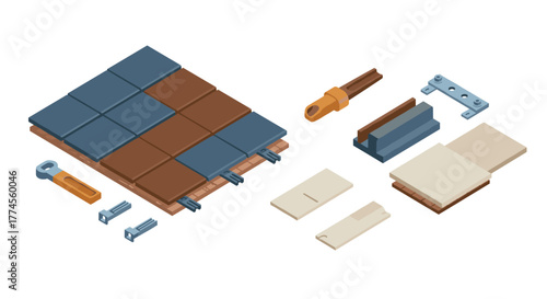Isometric tile assembly with tools and hardware components for home renovation