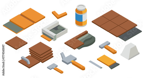 Isometric tile installation tools and materials set for home renovation projects