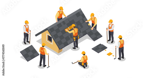 Isometric construction workers installing roof shingles on house