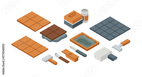 Isometric tile installation tools and materials for construction projects