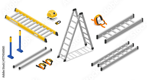 Isometric construction equipment set: ladders, helmets, and safety gear