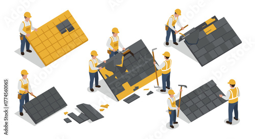 Isometric construction crew installing roof tiles for building project