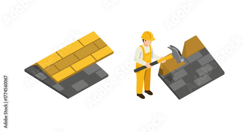 Isometric construction worker building roof with hammer and helmet