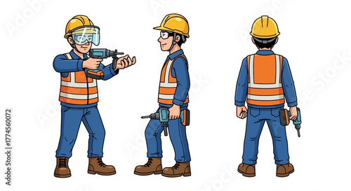 Cartoon Construction Worker Set: Front View Drilling, Side View Walking, Back View Holding Drill