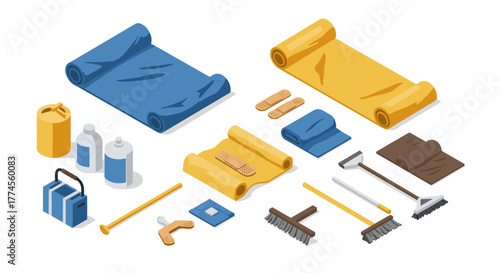Isometric home renovation toolkit with flooring and repair supplies