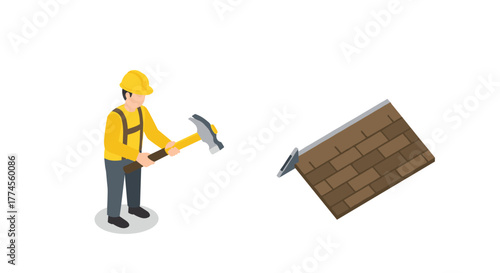 Isometric worker repairing roof with hammer