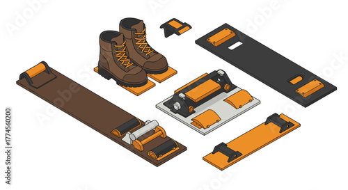 Modular skateboard with interchangeable parts in isometric flat design