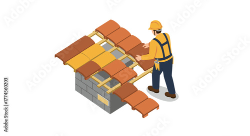 Isometric roofer installing tiles on a house roof