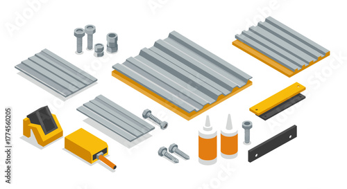 Isometric construction materials with metal sheets and tools on white background