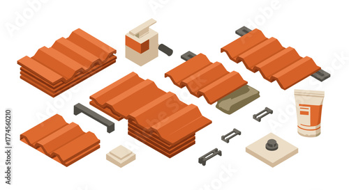 Roofing tiles and tools set in isometric design for construction and architecture