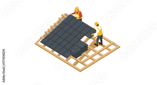 Builders laying roof tiles on wooden frame in isometric style
