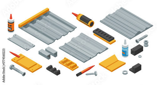 Isometric construction tools and materials set for industrial projects
