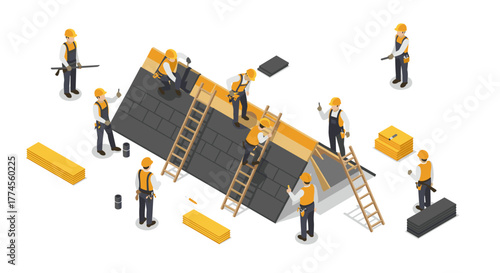 Isometric team building roof with tools and construction materials