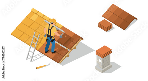 Roofer working on sloped roof with tools and ladder in isometric design