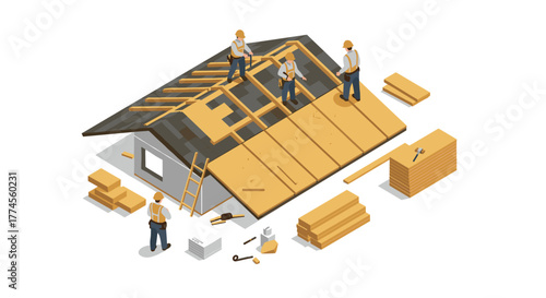 Isometric construction workers building a house roof with timber and tools