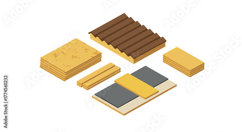 Isometric wooden construction materials with roof panels for architectural design