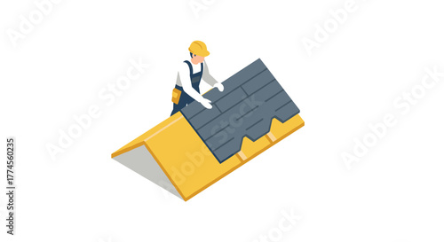 Isometric roofer installing shingles on house roof in construction scene