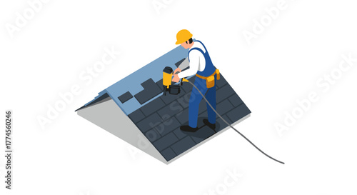 Roofer installing shingles on sloped roof using nail gun in isometric style