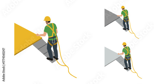 Construction worker in safety gear on roof with arrow symbol in isometric style