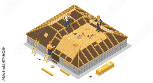Construction workers building roof in isometric architectural design