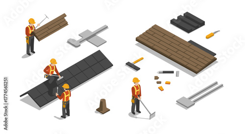 Construction workers installing solar panels and wooden floors in isometric style