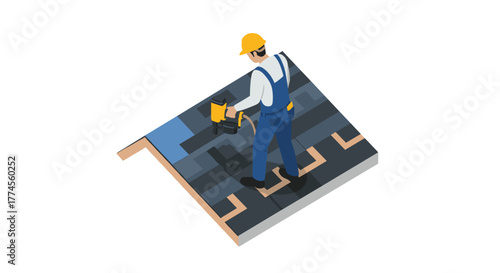 Isometric roofer working on new roof with nail gun and safety gear