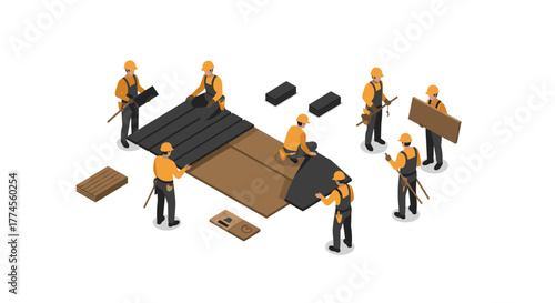 Construction workers installing roof in isometric style