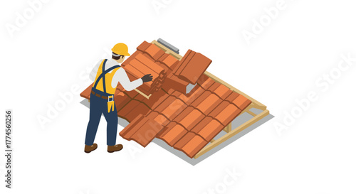 Isometric illustration of roofer installing roof tiles on wooden frame
