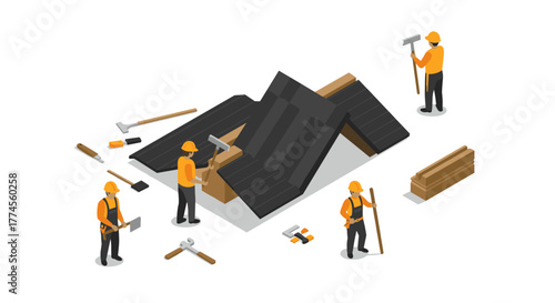 Isometric construction workers building roof with tools and materials