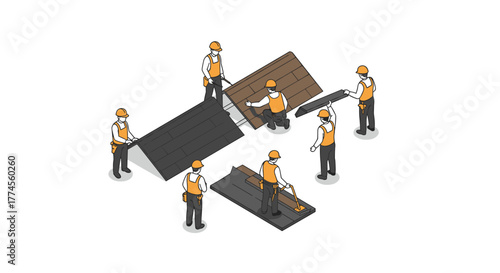 Isometric construction workers installing roof shingles