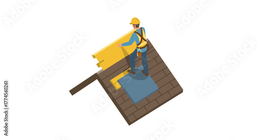 Construction worker installing floor panels in isometric design