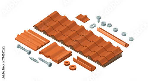 Isometric roof construction elements including tiles and fasteners