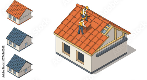 Rooftop construction and repair in isometric style with workers laying tiles