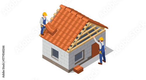 Isometric construction scene: workers building a tiled roof on a brick house