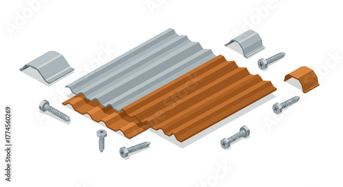 Isometric metal roofing sheets with screws: diagonal perspective on installation components