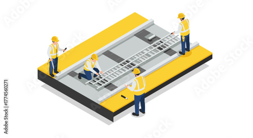Isometric construction workers inspecting railway in safety gear