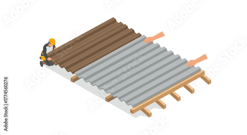 Construction workers installing corrugated metal roof panels in isometric view