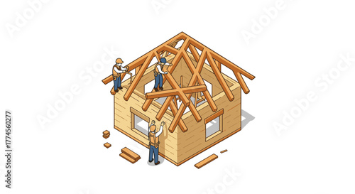 Construction team building wooden house roof in isometric style